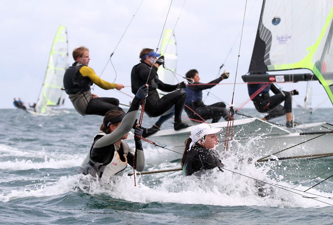 Olivia Price and Alanna Clancy continue their submarine trip. - 49er National Championships ©  Alex McKinnon Photography http://www.alexmckinnonphotography.com